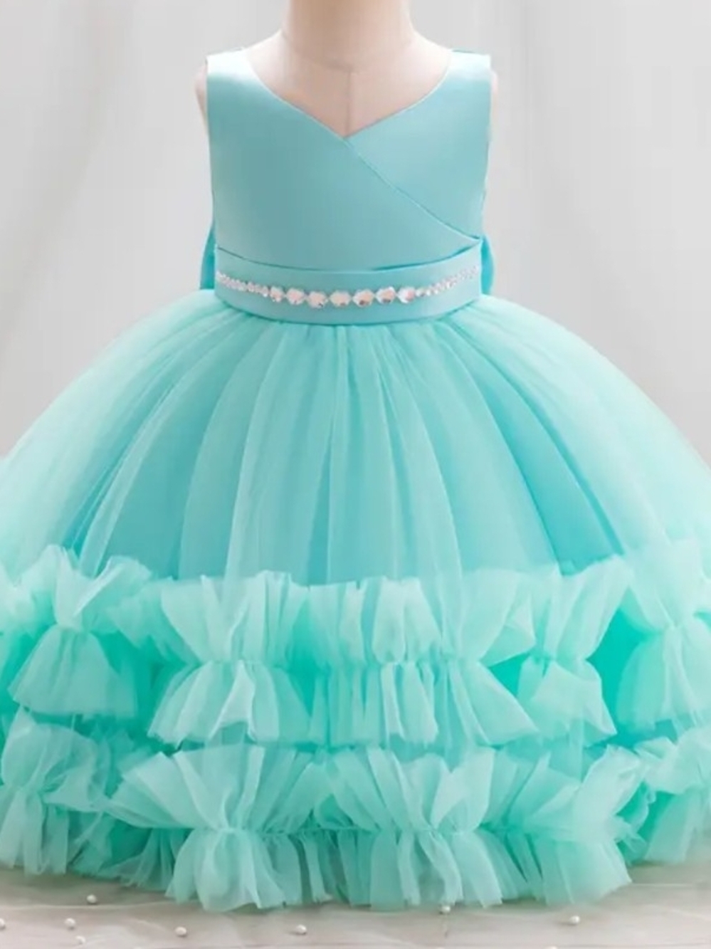 Crystal-Trim Aqua Tulle Flower Girl Dress